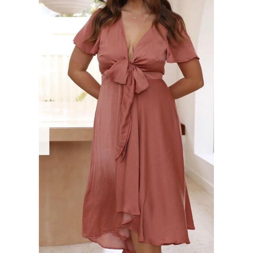 Billy J | Sunny Daze‎ Dress in Baked Rose Pink Satin High Low Midi Dress Sz. 18